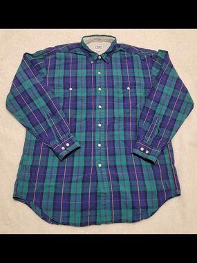 Vintage Chaps Ralph Lauren Men’s Blue-Green Plaid Button-Down Shirt Size L/G